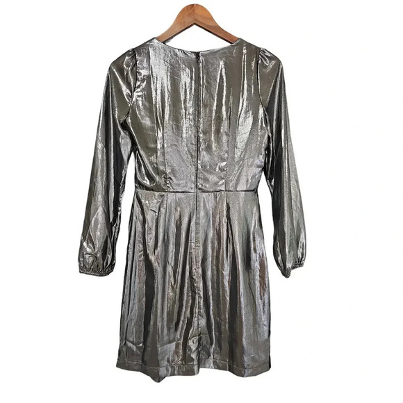 French Connection Metallic Long Sleeve Faux-Wrap Mini Dress Silver Size 2 NWT - Picture 6 of 12